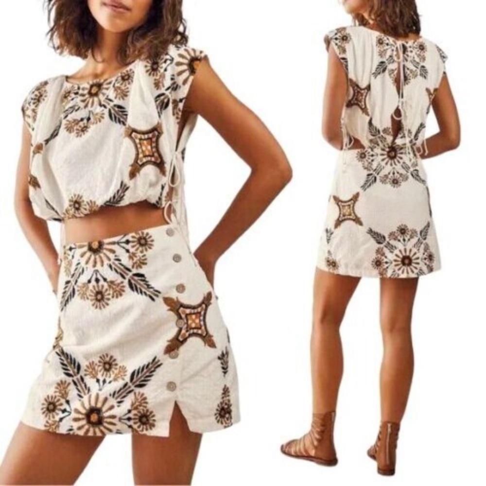 Free People White and Brown Mini Dress